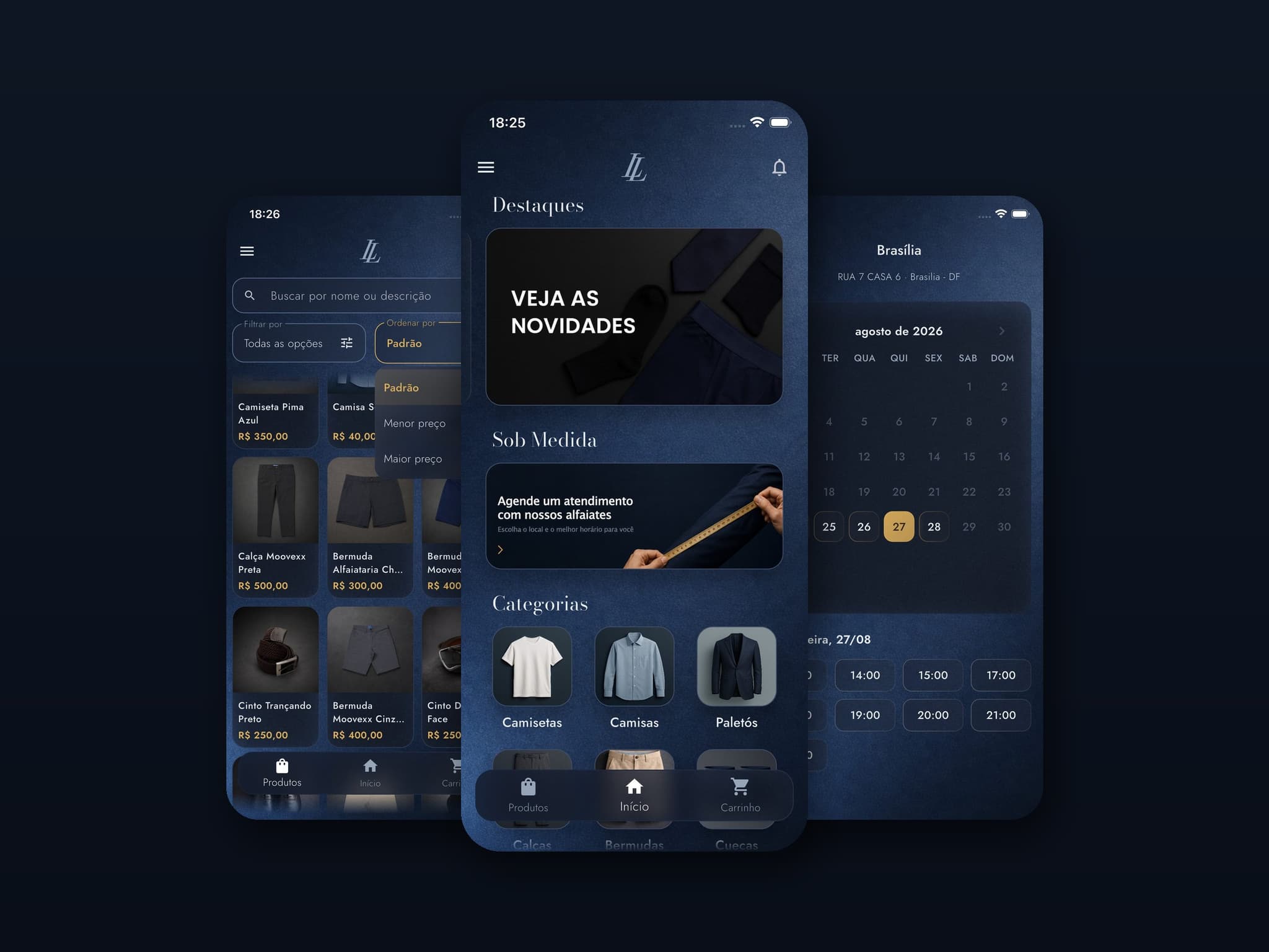 The Luiz Laporta app on three phones: catalogue, home and fitting booking