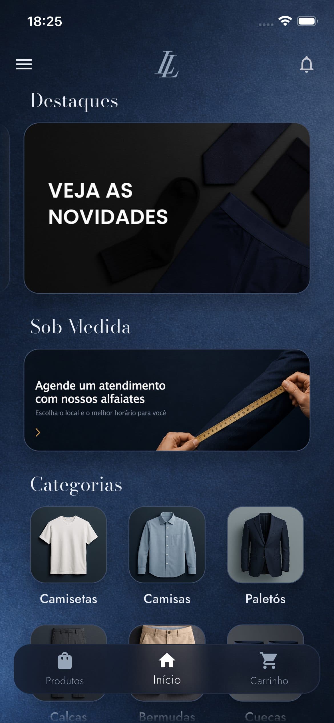 Home screen: featured pieces, a made-to-measure booking card, and product categories